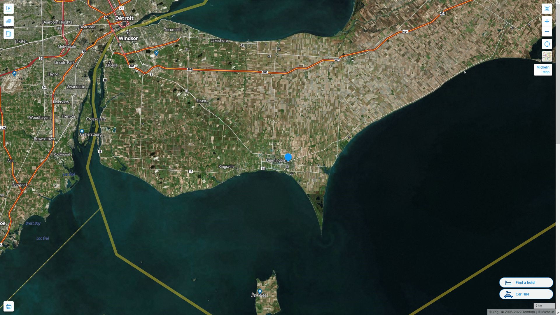 Leamington Canada Autoroute et carte routiere avec vue satellite